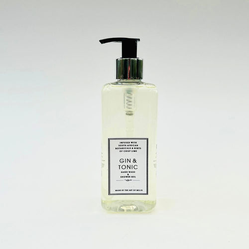 Bottle of Gin & Tonic shower gel with a pump on a white background