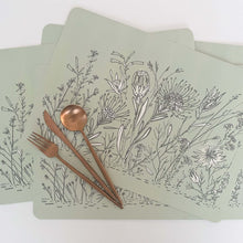 Load image into Gallery viewer, Set of 4 rectangular Tableart sage green placemats with grey &amp; white fynbos design and copper cutlery on a white background
