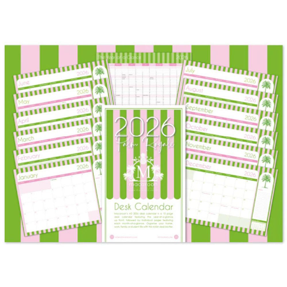 2026 desk calendar with green and pink striped design