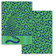 Load image into Gallery viewer, Two green and blue leopard print notebooks with a leopard illustration on a white background.
