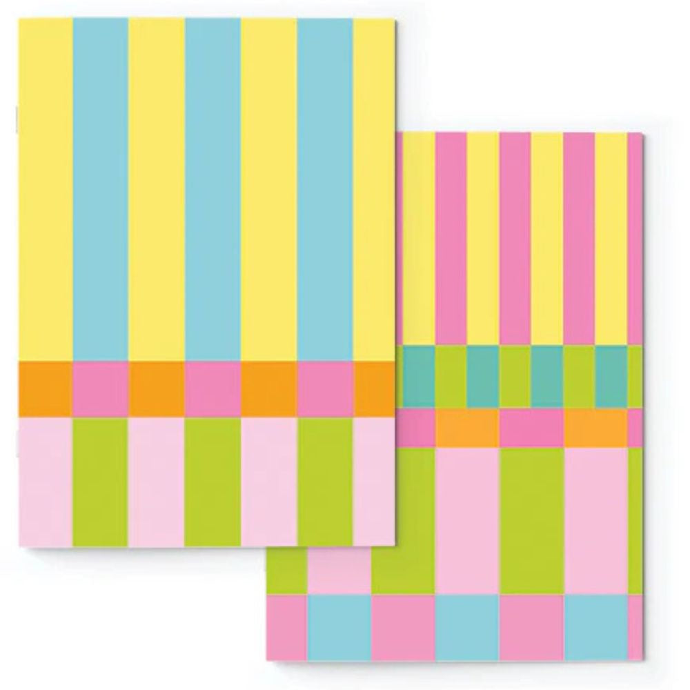 Two colorful checkered notebooks with a geometric pattern on a white background.