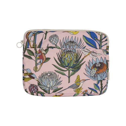 A Love Supreme 13 inch laptop sleeve. Multi-coloured floral print on pink background.