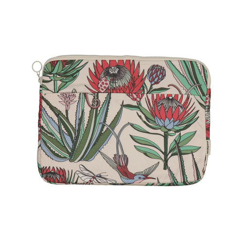 A Love Supreme 13 inch laptop sleeve. Red & green protea & birds print on cream background.
