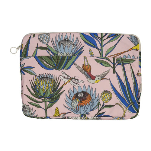 A Love Supreme 15 inch laptop sleeve. Multi-coloured Floral pattern with birds & insects on a pink background