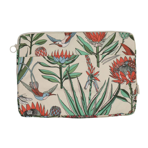 A Love Supreme 15 inch laptop sleeve. Floral and bird pattern in red, cream & green