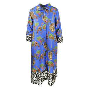 Long-sleeve dress with animal print and leopard pattern on a white background