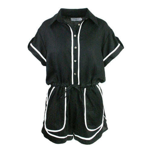 Black jumpsuit with white trim on a white background