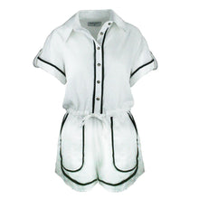 Load image into Gallery viewer, White jumpsuit with black trim on a white background
