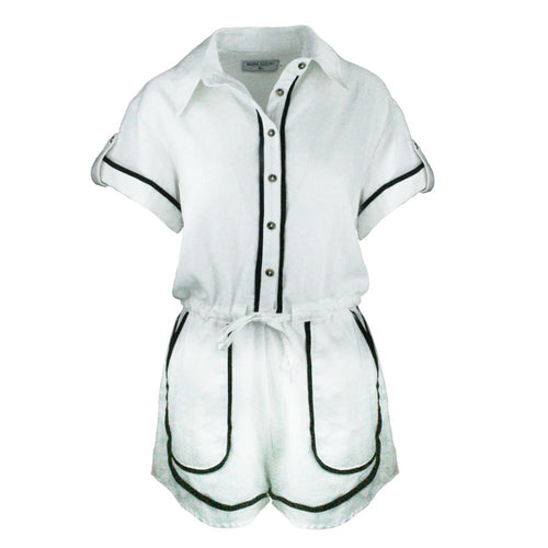 White jumpsuit with black trim on a white background