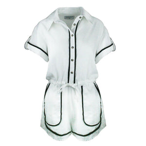 White jumpsuit with black trim on a white background