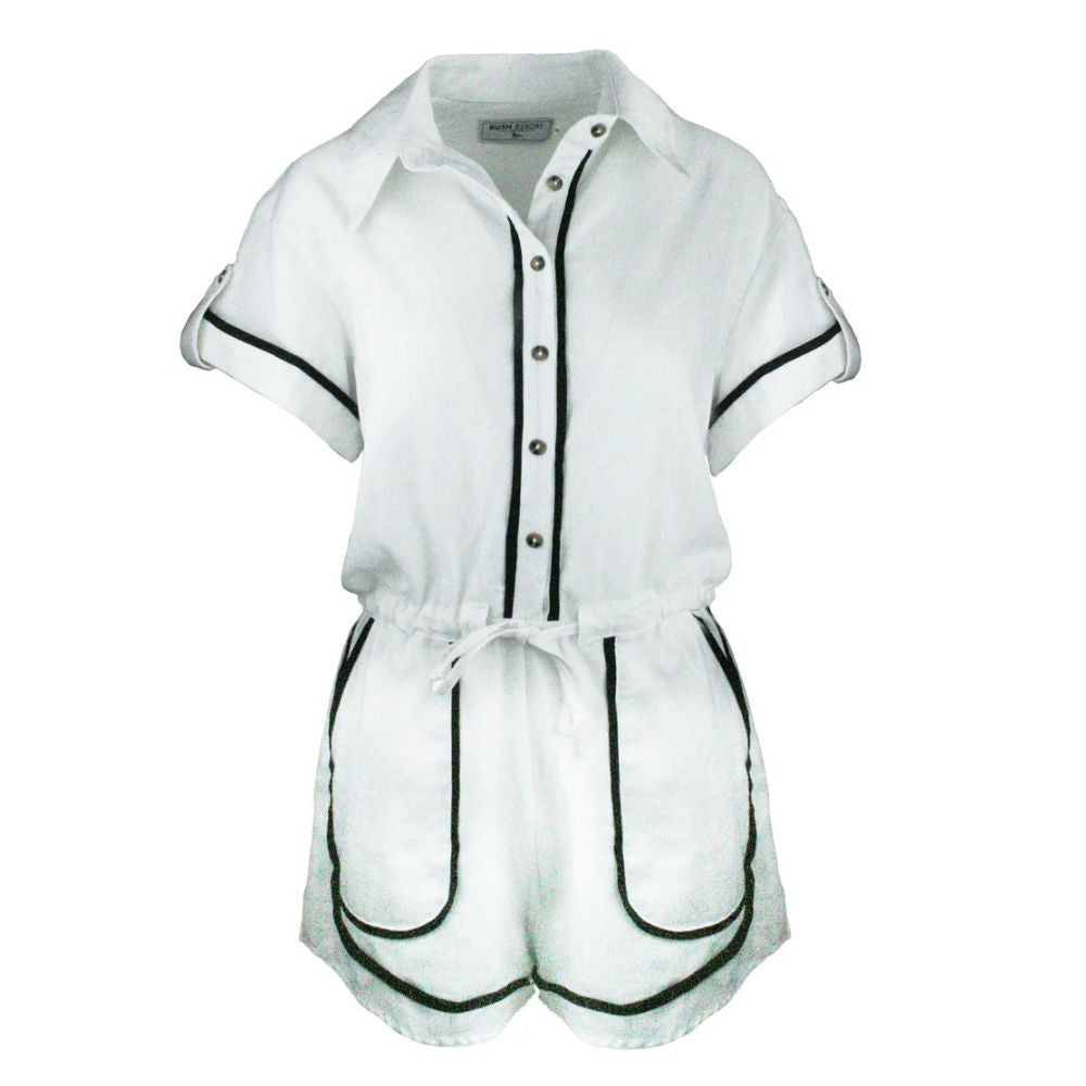White jumpsuit with black trim on a white background