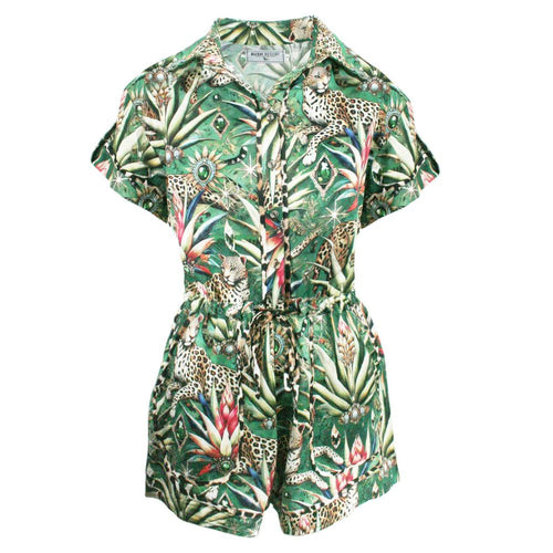Tropical patterned jumpsuit on a white background