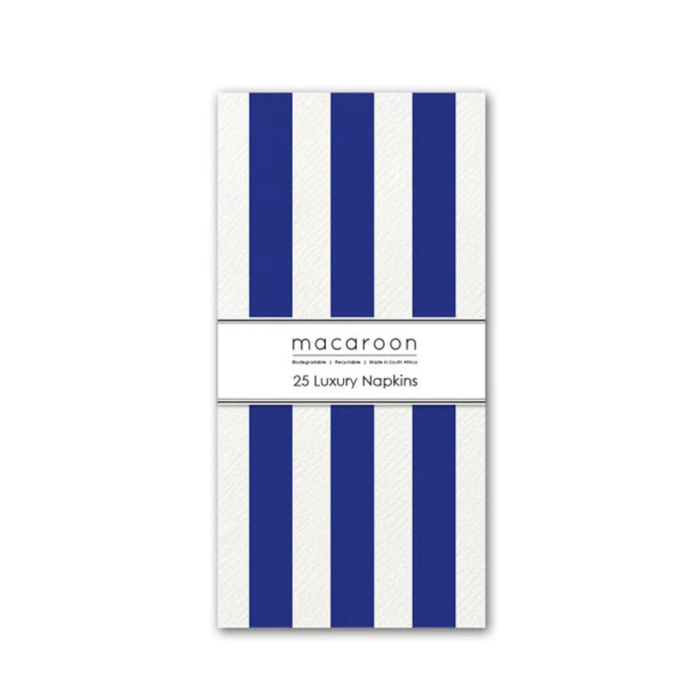 Pack of 25 luxury napkins with blue and white stripes on a white background