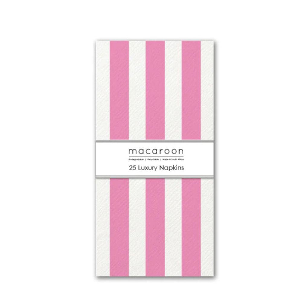 Pack of 25 luxury napkins with pink and white stripes on a white background
