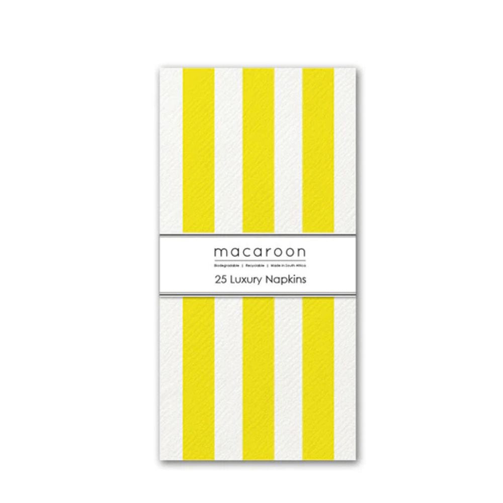 Pack of 25 luxury napkins with yellow and white stripes on a white background