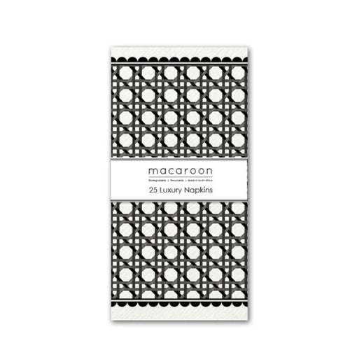 Pack of 25 luxury napkins with black wicker pattern on a white background