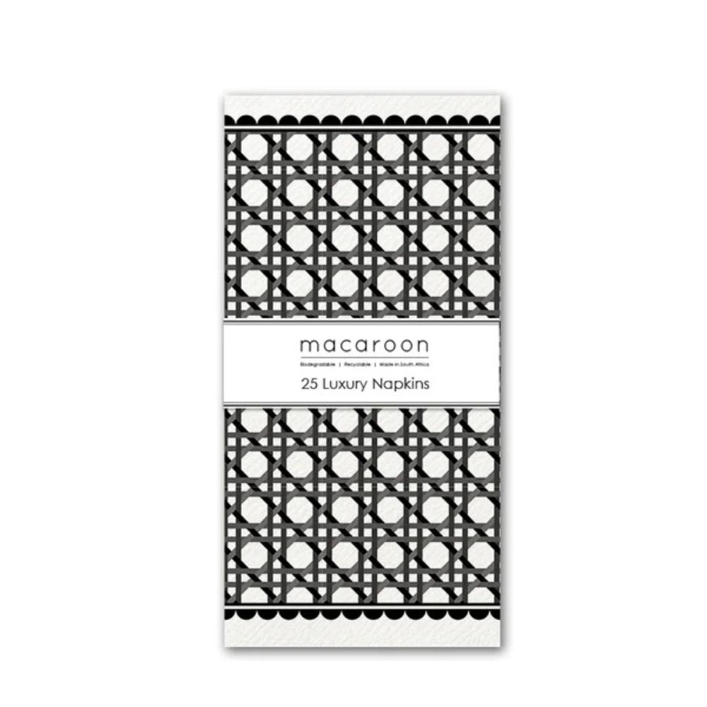 Pack of 25 luxury napkins with black wicker pattern on a white background