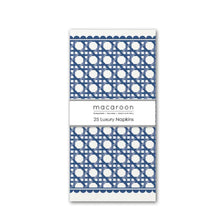 Load image into Gallery viewer, Pack of 25 luxury napkins with blue and white rattan pattern, brand &#39;macaroon&#39; visible.
