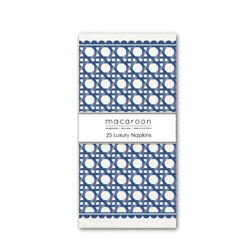 Pack of 25 luxury napkins with blue and white rattan pattern, brand 'macaroon' visible.