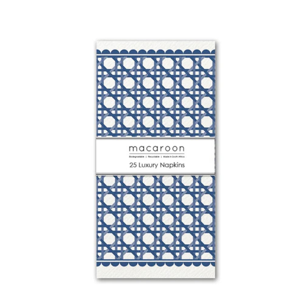 Pack of 25 luxury napkins with blue and white rattan pattern, brand 'macaroon' visible.