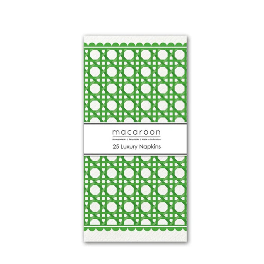 Pack of 25 luxury napkins with green and white wicker pattern on a white background