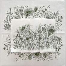 Load image into Gallery viewer, Set of white napkins with sage green fynbos illustrations on a white background
