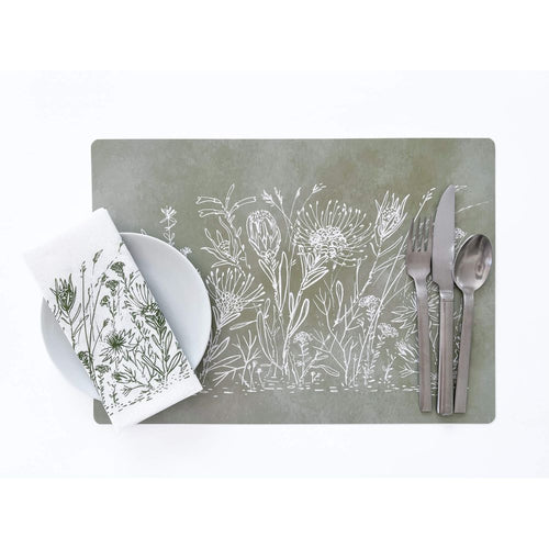 Sage green placemats with white fynbos design
