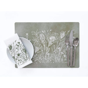 Sage green placemats with white fynbos design