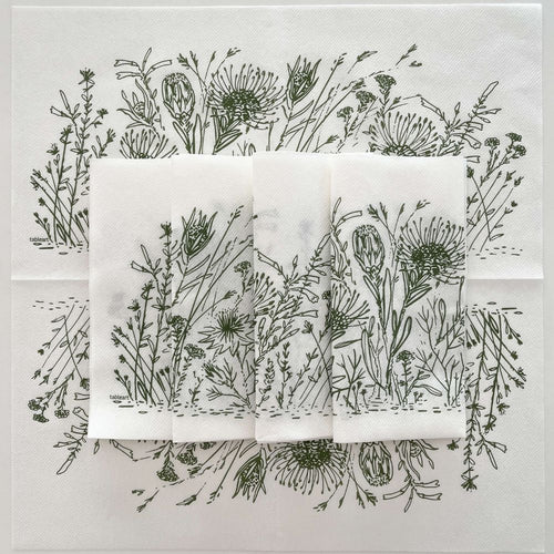 Set of white napkins with sage green fynbos illustrations on a white background