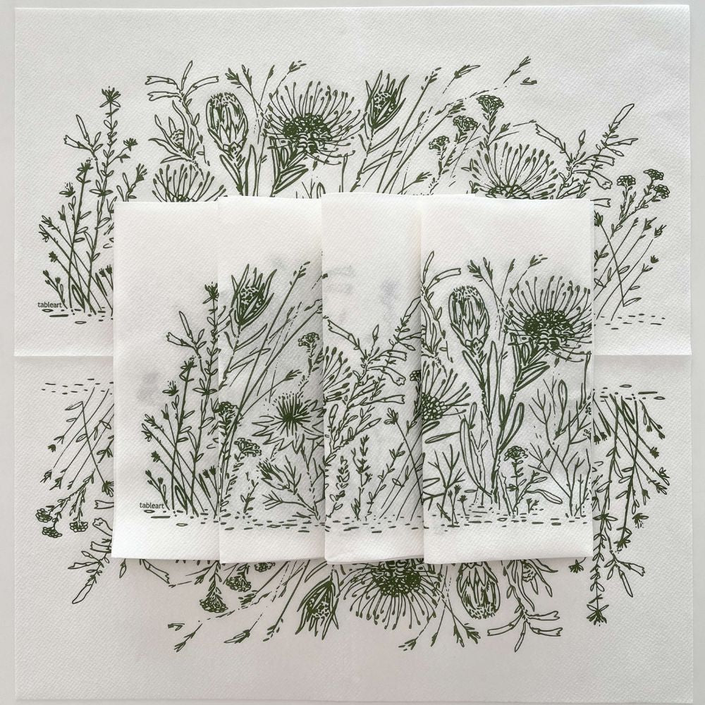 Set of white napkins with sage green fynbos illustrations on a white background