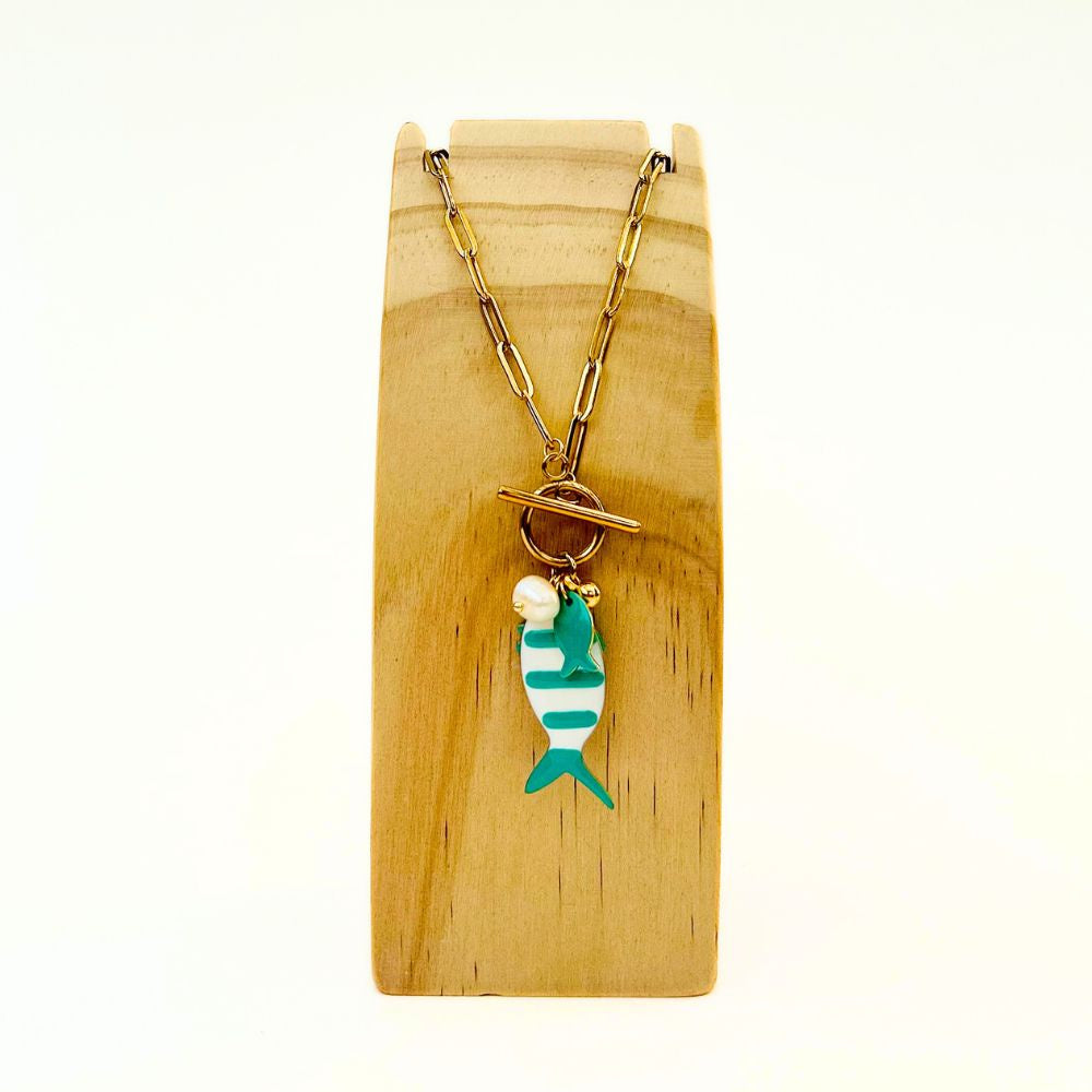 The Nikabox Paperclip Necklace - Turquoise Pearl Fish