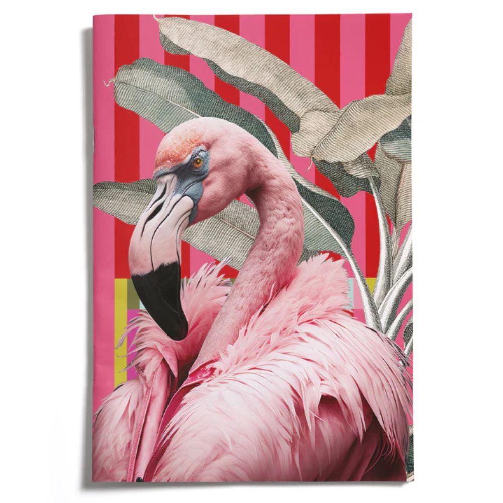 Notebook with a Pink flamingo with tropical leaves on a red and pink striped background