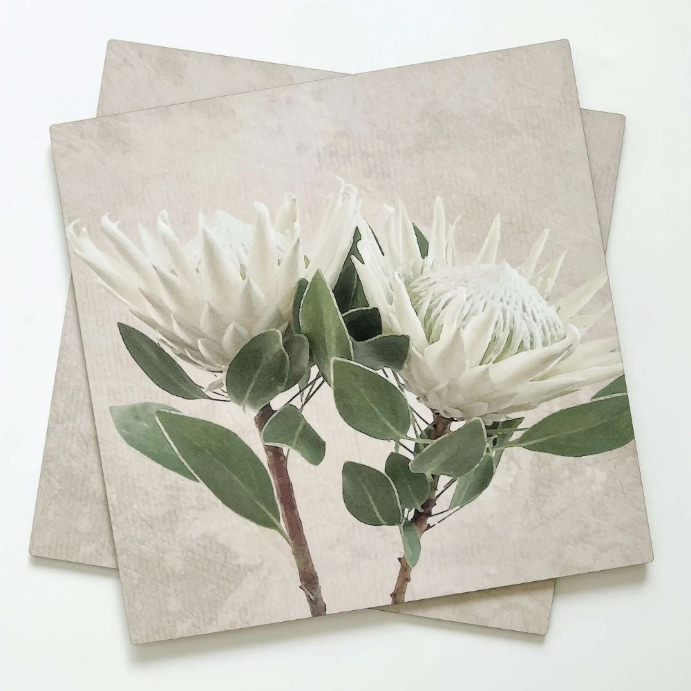 Set of 2 Tableart White King Protea Hardwood Square placemats 