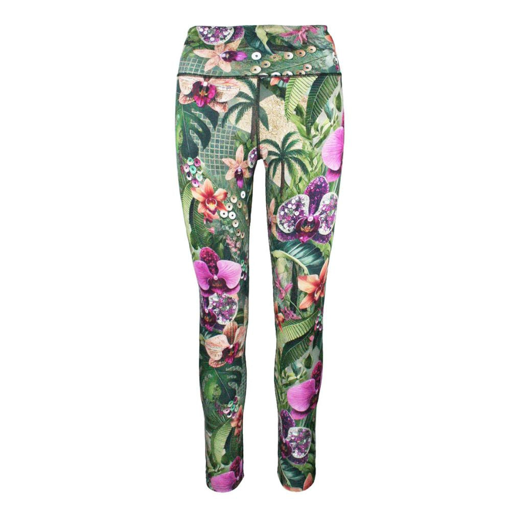 Tropical floral Rush Activewear leggings on a white background