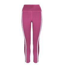 Load image into Gallery viewer, Rush Activewear dark pink coloured leggings with white &amp; black stripes down the sides 
