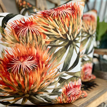 Load image into Gallery viewer, JW Designs 60 x 60cm cushion cover with orange Pincushion flower image on white background
