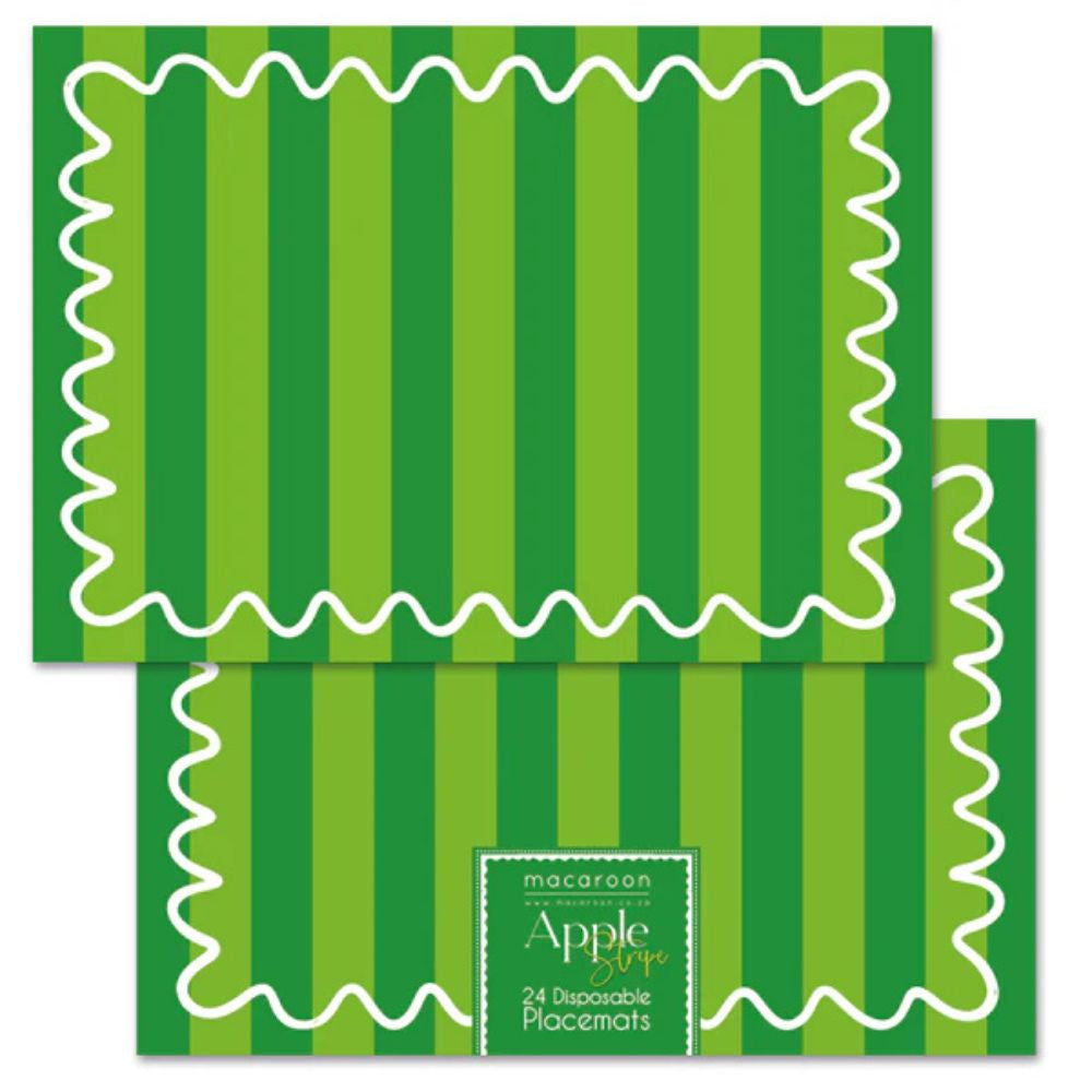 Green striped disposable placemats with a visible brand label on a white background