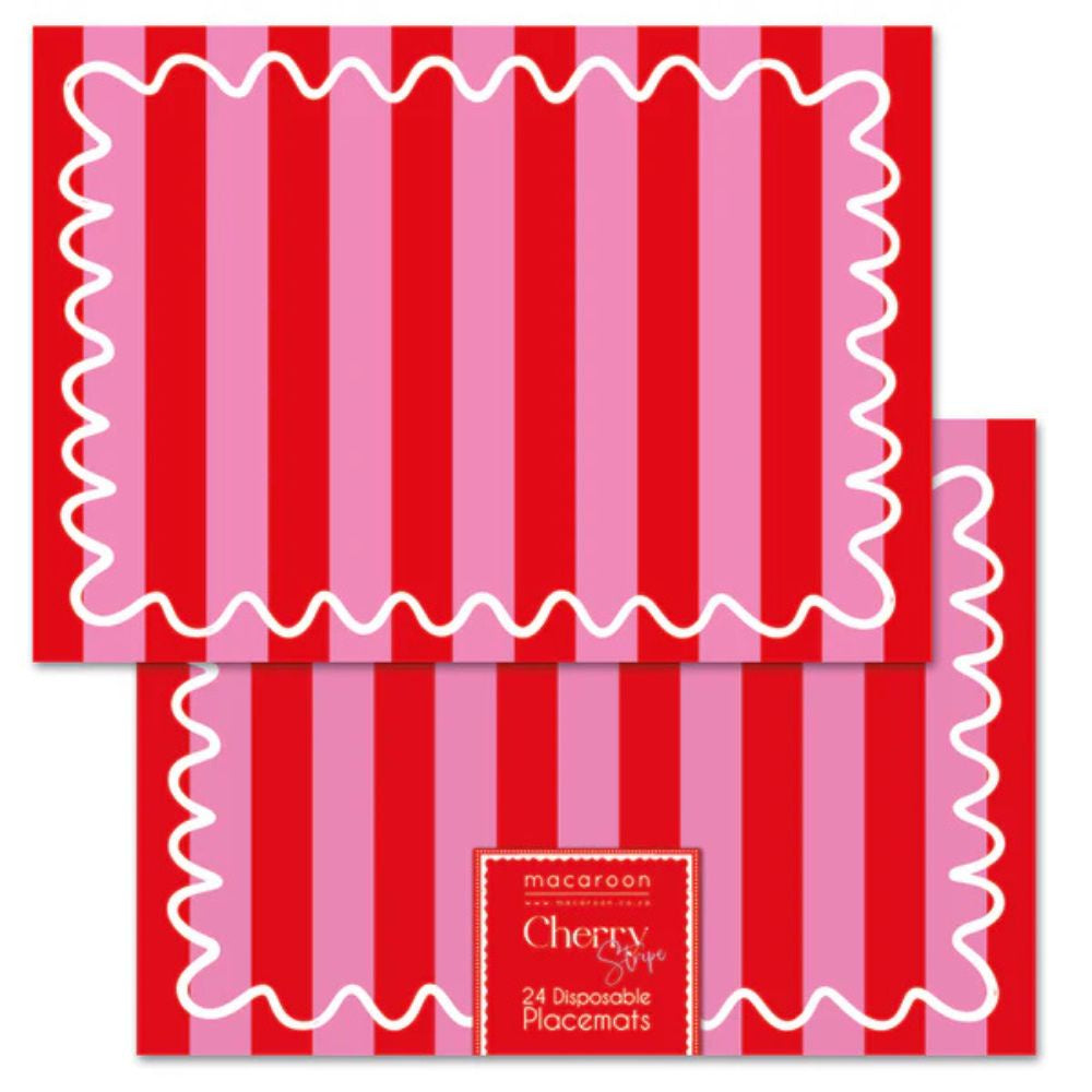 Red and pink striped disposable placemats with a visible brand label on a white background.