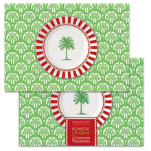 Load image into Gallery viewer, Set of disposable placemats with palm tree design on a green patterned background
