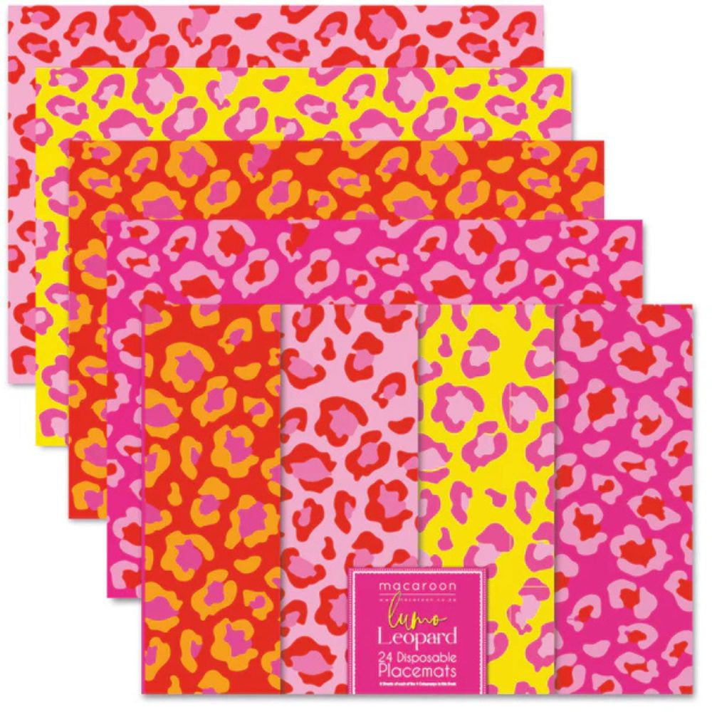 Set of colorful leopard print disposable placemats with a brand label.