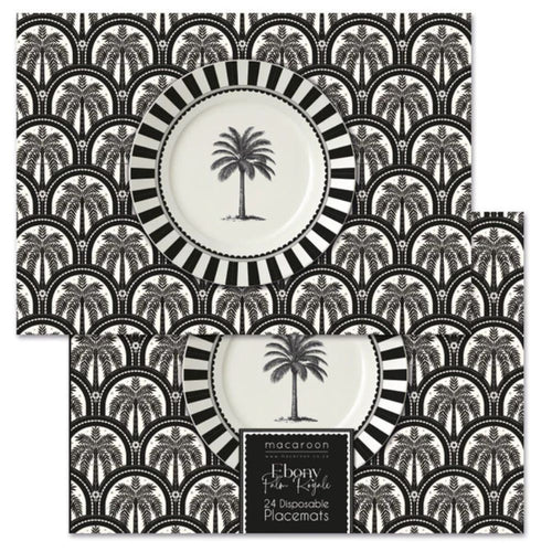 Disposable placemats with palm tree design and black and white pattern