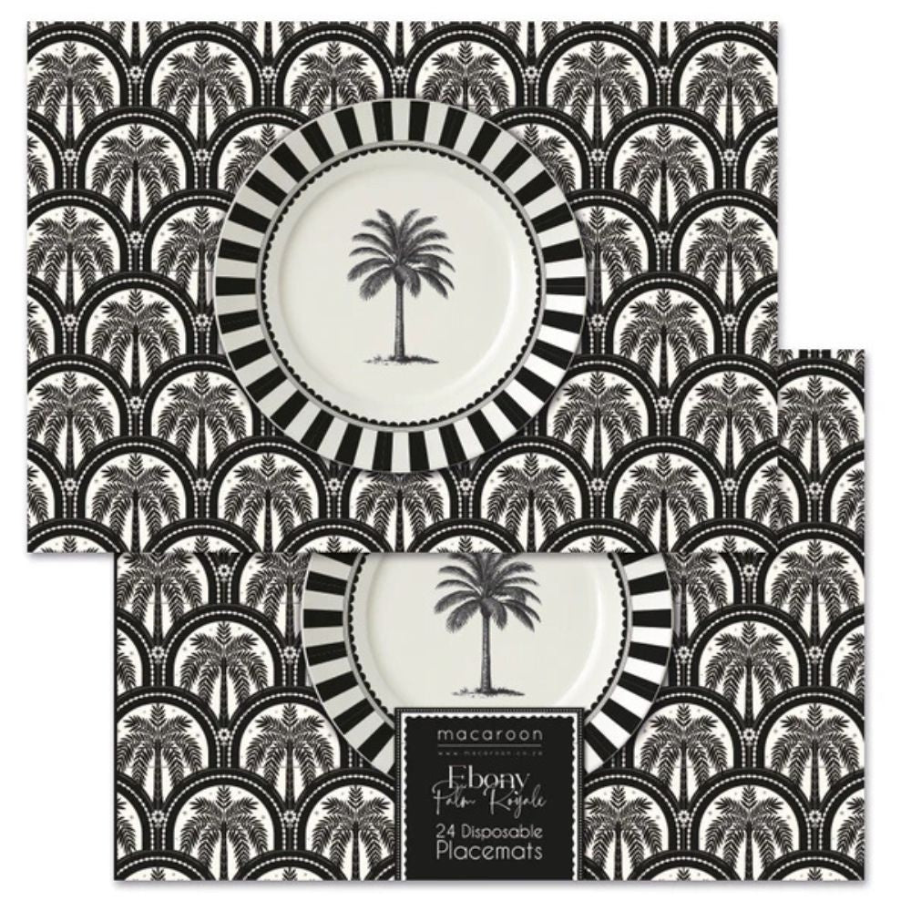 Disposable placemats with palm tree design and black and white pattern