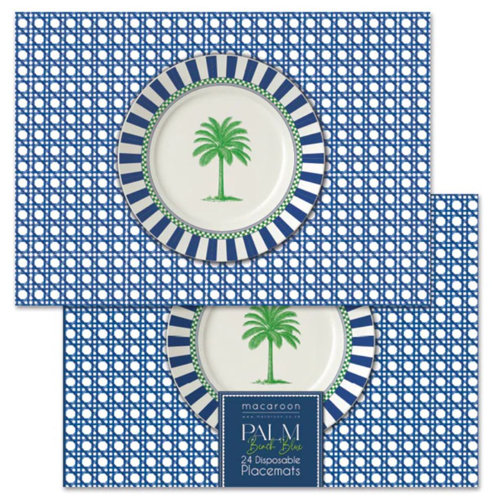 Set of disposable placemats with palm tree design on a blue geometric pattern
