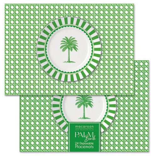 Green and white disposable placemats with palm tree design on a white background