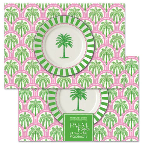 Disposable dinnerware set with palm tree design on a pink and green patterned background