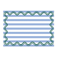 Load image into Gallery viewer, Paper placemat with blue stripes and green wavy lines on a white background
