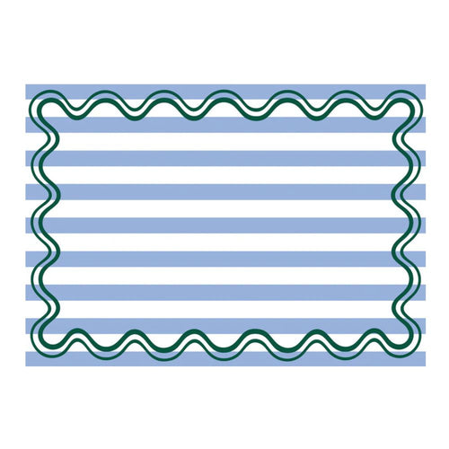 Paper placemat with blue stripes and green wavy lines on a white background