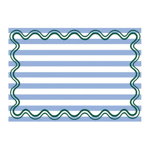 Paper placemat with blue stripes and green wavy lines on a white background