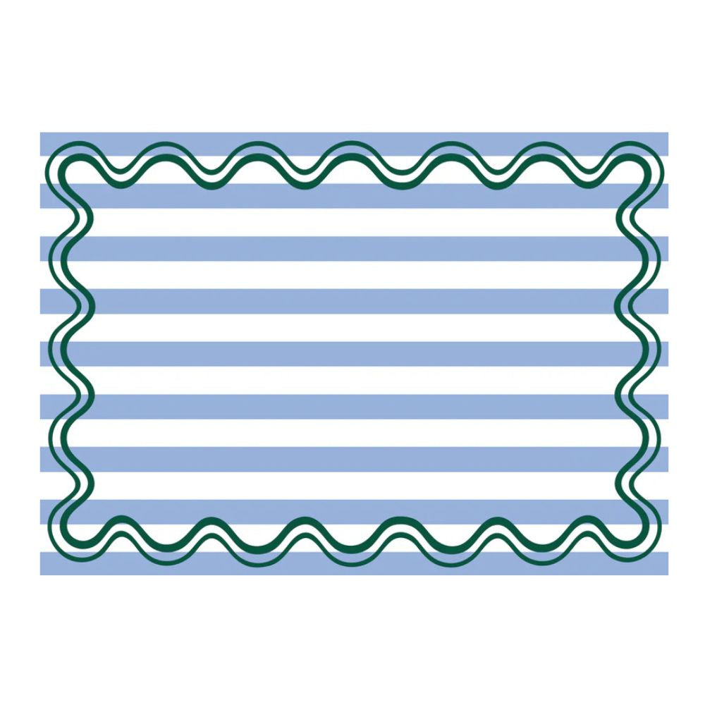 Paper placemat with blue stripes and green wavy lines on a white background