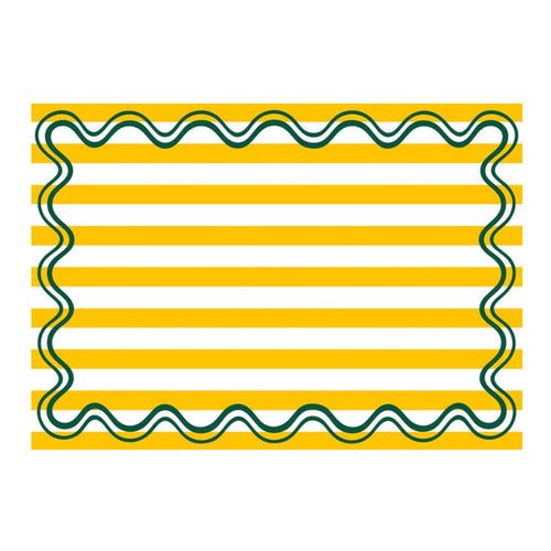 Paper placemats with yellow stripes and green wavy line on a white background